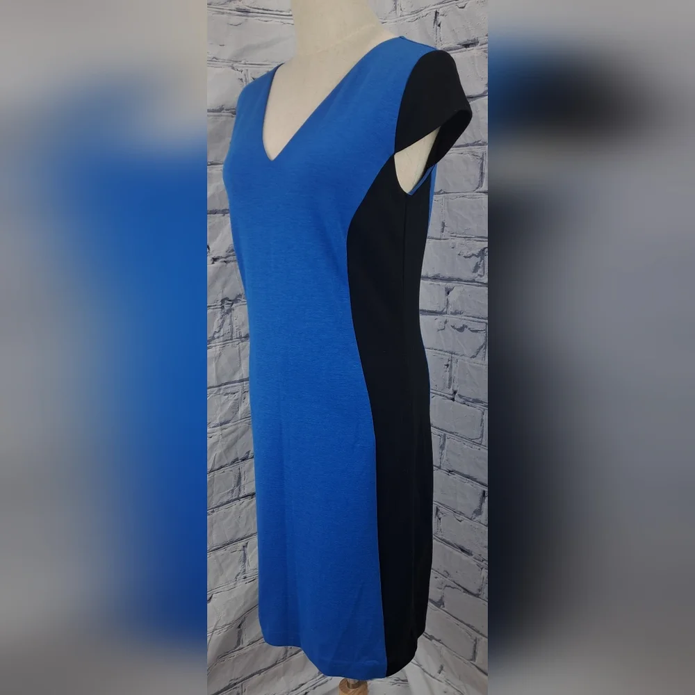 Michael Kors Cap Sleeve V-Neck Sheath Dress Midi Black and Blue Poly Rayon 2 US - Picture 4 of 16